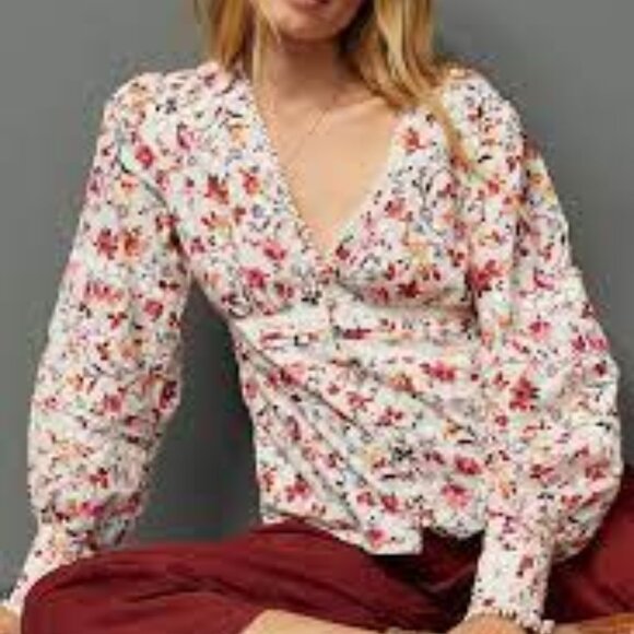 NWOT Anthropologie Puff-Sleeved Floral Buttondown Blouse with Lace  - Size US 2 - Picture 1 of 3